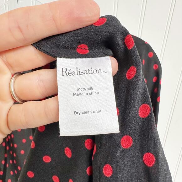 Réalisation Par Alexandra Black Silk Wrap Mini Dress Ruffle Hem Medium Polka Dot - Picture 10 of 12